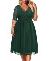 Vestido Pinup Fashion, verde esmeralda, renda, chiffon, decote em V, tamanho plus size