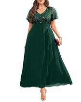 Vestido Pinup Fashion, verde, lantejoulas, chiffon, decote em V, tamanho plus size