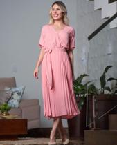 Vestido Plissado Midi Casual Rosa Pastel