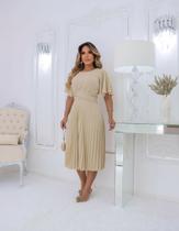 Vestido Plissado Nude Midi Feminino Terra Prometida Cor:NudeTamanho:G