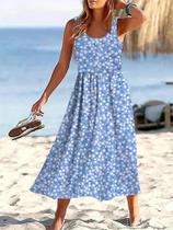 Vestido plissado sem mangas floral feminino, gola redonda, confortável, ideal, verão, novo, 2022 Vestido plissado sem mangas floral feminino, gola redonda, confortável, ideal, verão, novo, 2022