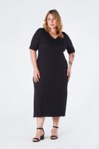 Vestido Plus Size com Manga e Gola V Canelado Preto Alessia Vestido Plus Size com Manga e Gola V Canelado Preto Alessia