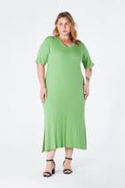 Vestido Plus Size com Manga e Gola V Canelado Verde Alessia