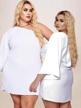 Vestido Plus Size Curto Branco Moda Plus Size Jovial Manga Única Godê Ano Novo-