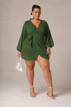 Vestido Plus Size Curto Envelope Manga Longa Casual Elegante Ajustável Moda Fashion