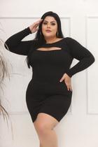 Vestido Plus Size Curto Manga Longa Recorte Oval no Decote