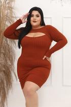 Vestido Plus Size Curto Manga Longa Recorte Oval no Decote