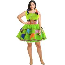 Vestido Plus Size de Festa Junina Roupa Caipira Feminina de Luxo Verde Neon Com Bolsa e Bandeirinhas