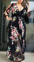 vestido plus size estampado longo na cor preto tamanho 52