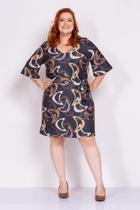 Vestido Plus Size Estampado Marinho Casual de Poliéster para Outono - Mediplus