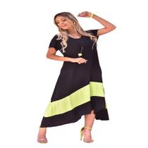 Vestido Plus Size Evangelico Mullet Soltinho Gestante de Ponta e Bico Laterais Preto e Verde Lima