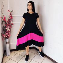 Vestido Plus Size Evangelico Mullet Soltinho Gestante de Ponta e Bico nas Laterais Preto e Pink
