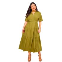 Vestido plus size feminino manga curta midi com cinto e saia evase em crepe elegante com forro