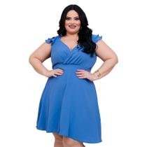 Vestido Plus Size Feminino Rodado Decote V Manga c Babados 0535 Vestido Plus Size Feminino Rodado Decote V Manga c Babados 0535