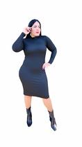 Vestido Plus Size Gola Alta Manga Longa Canelado Midi Vestido Plus Size Gola Alta Manga Longa Canelado Midi