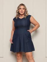 Vestido Plus Size Jeans Gola V Curto Feminino Azul Com Bolso Confortável Decote V Evangélio