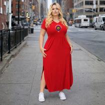 Vestido Plus Size Longo Com Fenda Em Viscolycra Com Elasticidade Decote Gola Em V Moda Verão