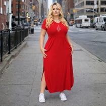 Vestido Plus Size Longo Com Fenda Em Viscolycra Com Elasticidade Decote Gola Em V Moda Verão