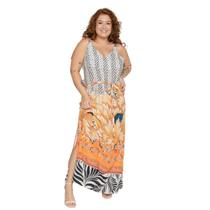 Vestido Plus size longo de Viscose com fendas laterais Florido de Zebra Sabrina Vestido Plus size longo de Viscose com fendas laterais Florido de Zebra Sabrina