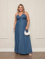 Vestido Plus Size Longo Jeans azul com alças botões luxo Feminina Elegante Alta Qualidade