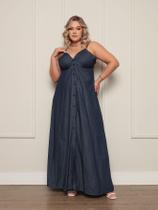 Vestido Plus Size Longo Jeans azul com alças botões luxo Feminina Elegante Alta Qualidade