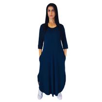 Vestido Plus Size Longo Manga Tres Quartos Viscolycra Malha com Bolso Azul Marinho
