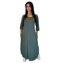 Vestido Plus Size Longo Manga Tres Quartos Viscolycra Malha com Bolso Verde Oliva