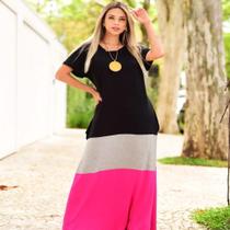 Vestido Plus Size Longo Manga Viscolycra Malha com Bolso Tricolor Preto Cinza e Pink - Procopio Shopping