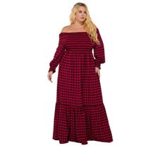 Vestido Plus Size Longo Xadrez Rodado Com Babado Manga 3/4 Multiuso Festa Junina Tamanho Grande