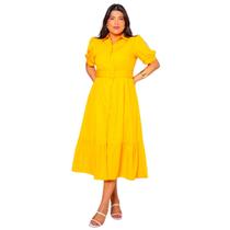 Vestido plus size manga curta midi com cinto e saia evase em crepe elegante com forro