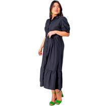 Vestido plus size manga curta midi com cinto e saia evase em crepe elegante com forro