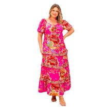 Vestido plus size mid com decote coração e lastex nas costas com manga bufante estampa floral casual