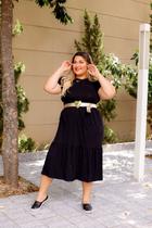 Vestido Plus Size Midi Decote V com Manga Saia Três Marias