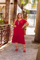 Vestido Plus Size Midi Decote V com Manga Saia Três Marias