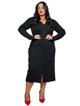 Vestido Plus Size Midi Manga Longa Tubinho de Botão Elegante