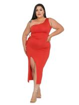 Vestido Plus Size Midi Um Ombro Recorte Na Cintura