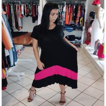 Vestido Plus Size Mullet de Bico com Manga Mega Luxuoso Preto com Pink