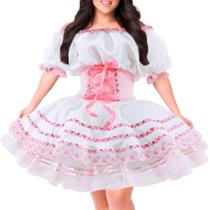 Vestido Plus Size Noiva de Festa Junina Caipira Feminina de Luxo Com Espartilho Ajustável Tiara e Véu