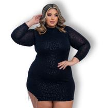 Vestido Plus Size Paetê Curto Moda Balada Manga Longa 0591