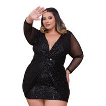 Vestido Plus Size Paetê Manga de Tule Festa Balada 0538 - Bellucy Modas