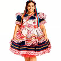 Vestido Plus Size São Joao Feminino Adulto Super Luxo Festa Junina Azul Marinho com Avental Floral e Bolsinha