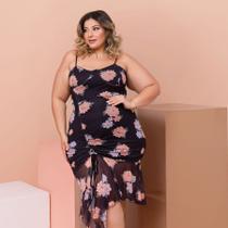 Vestido Plus Size Tule Estampado Alça Regulagem do Lado 0514