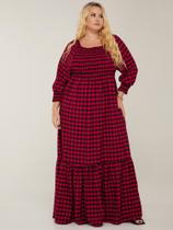 Vestido Plus Size Xadrez Longo Meia Estação Manga Comprida Lastex Ajustável Rodado Festa Junina