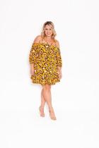 Vestido Pluz estampado ombro a ombro mostarda Vestido Pluz estampado ombro a ombro mostarda