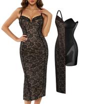 Vestido Popilush, espartilho de renda, Bodycon Midi, preto