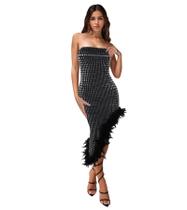 Vestido PORRCEY Hot Drilling Craft Off Shoulder Feather Preto Vestido PORRCEY Hot Drilling Craft Off Shoulder Feather Preto