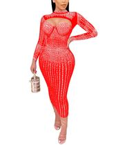 Vestido PORRCEY Hot Drilling Craft Sexy de manga comprida para mulheres Vestido PORRCEY Hot Drilling Craft Sexy de manga comprida para mulheres