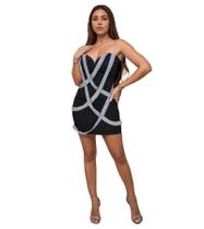 Vestido PORRCEY Hot Drilling Off Shoulder com decote em V para festa preto GG Vestido PORRCEY Hot Drilling Off Shoulder com decote em V para festa preto GG