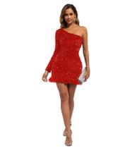 Vestido PORRCEY Sexy Sequins One Shoulder Feather Mini Red Vestido PORRCEY Sexy Sequins One Shoulder Feather Mini Red