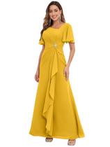 Vestido PRESEOSSA Amarelo Mostarda, Mãe do Noivo, Chiffon